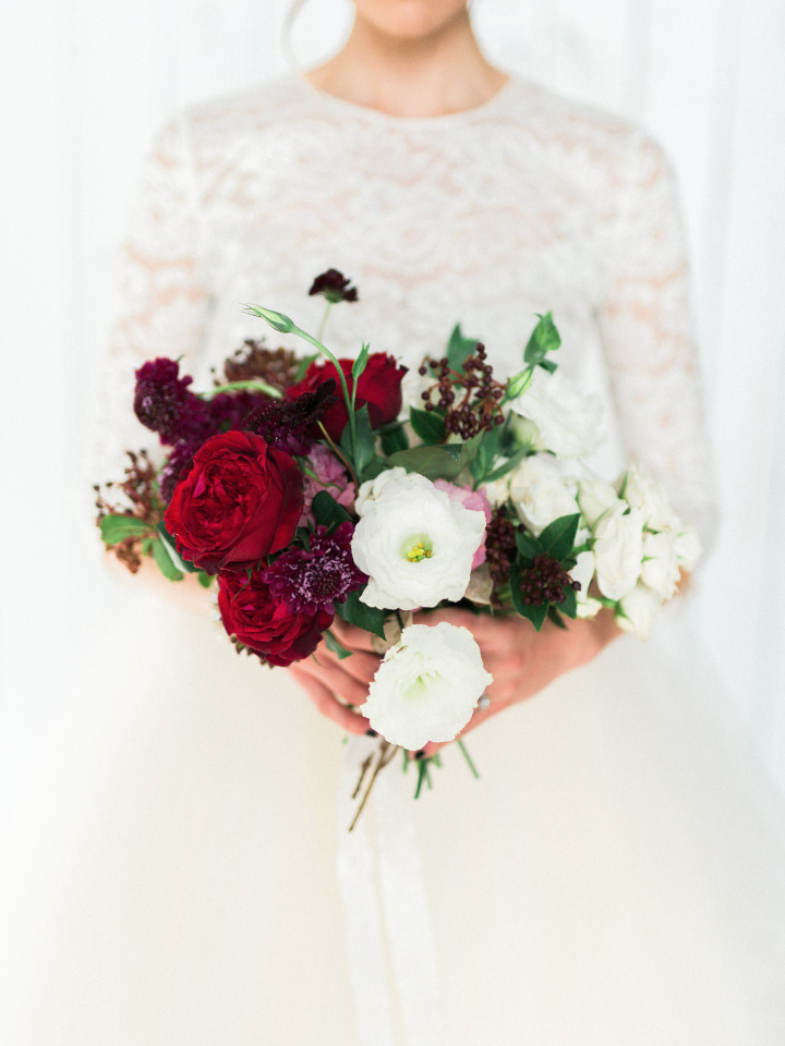 red and white organic wedding bouquet