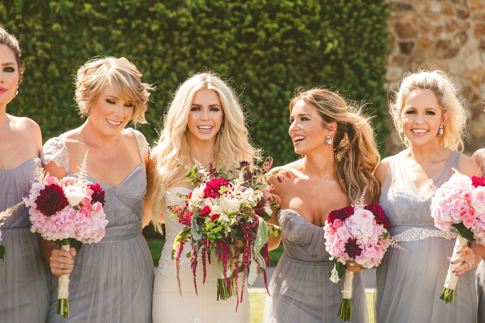 bridal party in grey with link and maroon bouquets