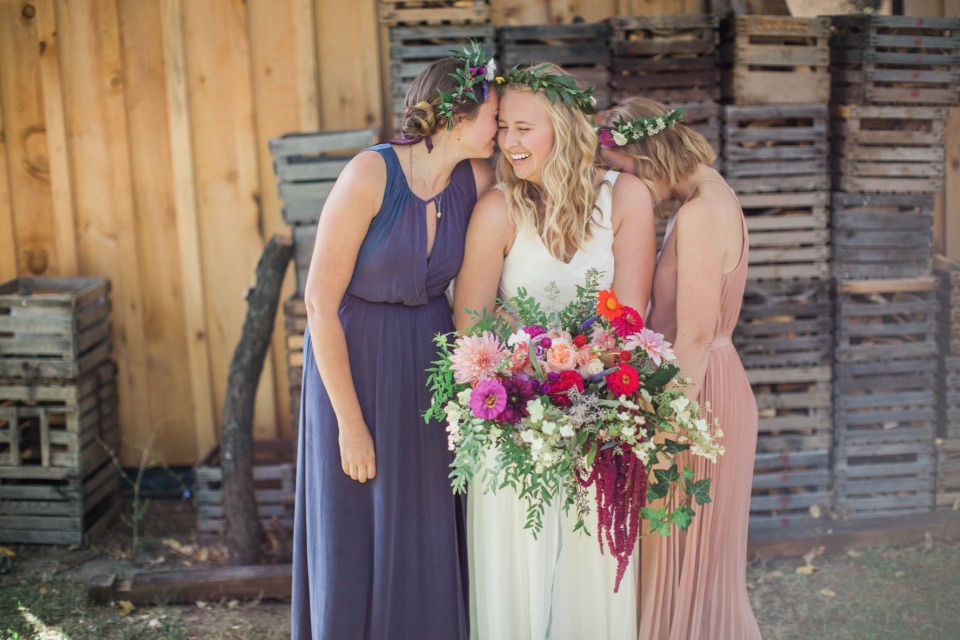 Bridesmaids in mismatched dresses