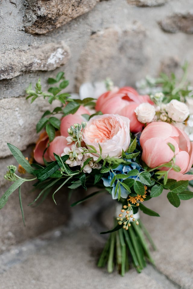 pink peony and rose wedding bouquet