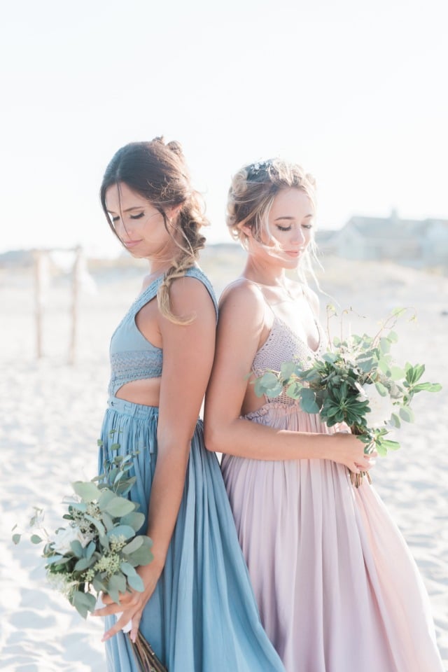 Blush and blue boho bridesmaid dresses