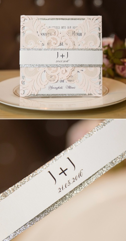 Elegant laser cut wedding invitation with glitter accents