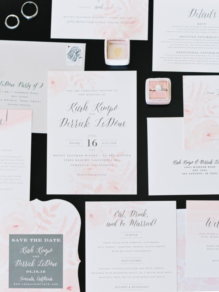 blush accented wedding stationery