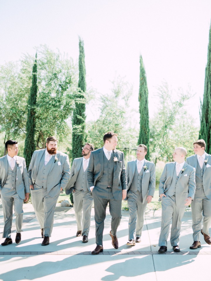groom and and his men in grey and blush pink ties