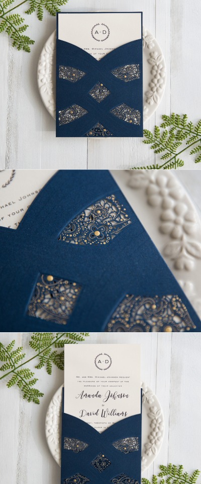 navy blue laser cut wedding invites from Stylish Wedd