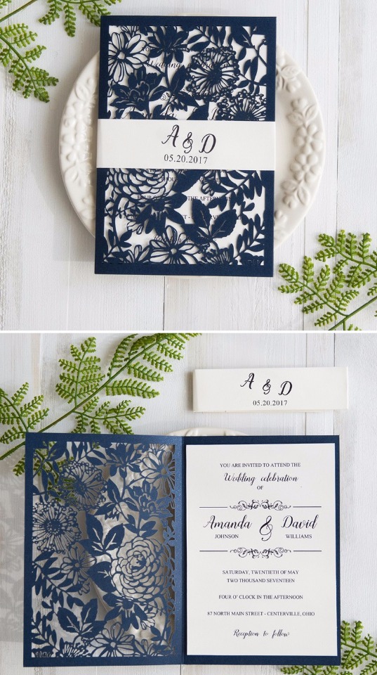 Elegant navy floral laser cut wedding invitation suite