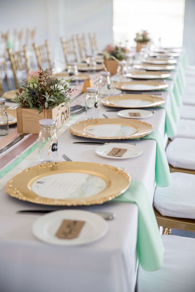 mint and gold family style seating