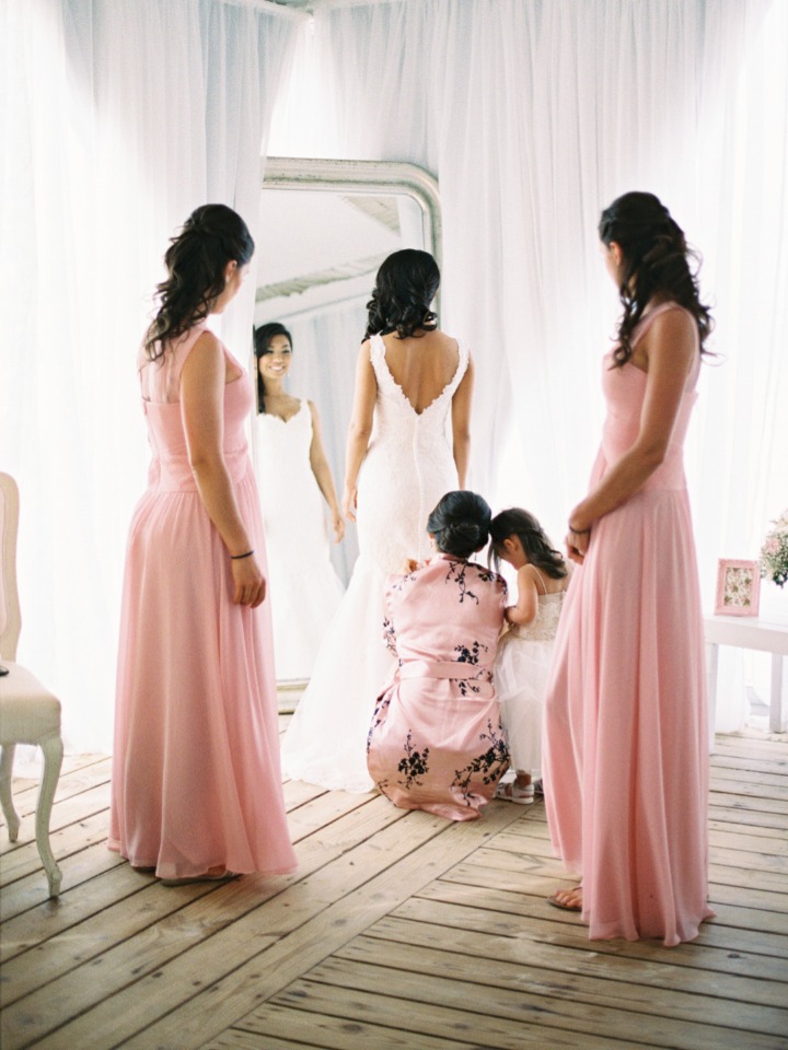 the bride and her bridesmaids in soft pink