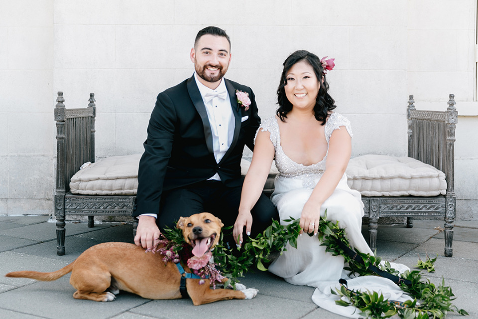 darling wedding dog with floral leash