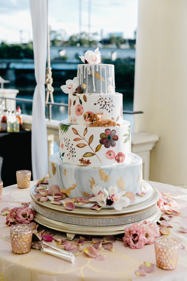 floral blue white and pink wedding cake