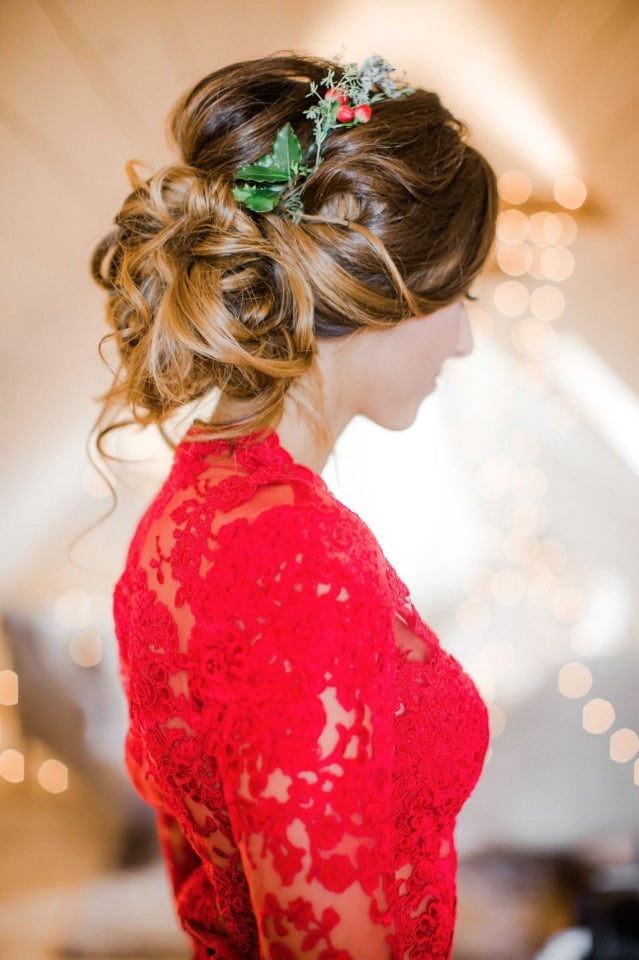 elegant wedding updo with holly accents