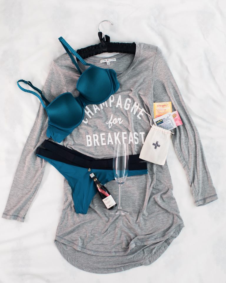 Teal lingerie set with champagne for breakfast shirt