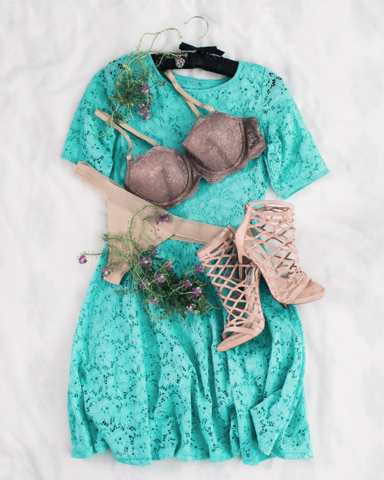 Turquoise lace dress with lingerie, shoes and flower decor