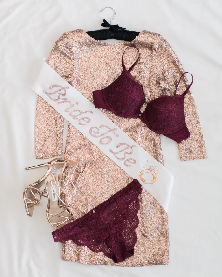 Bride-to-be lingerie set with rose gold dress and heels