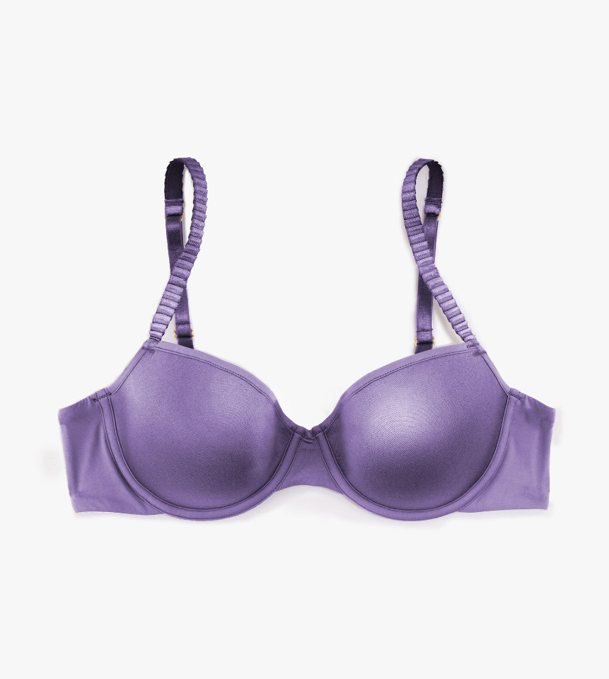 Purple satin balconette bra with adjustable straps