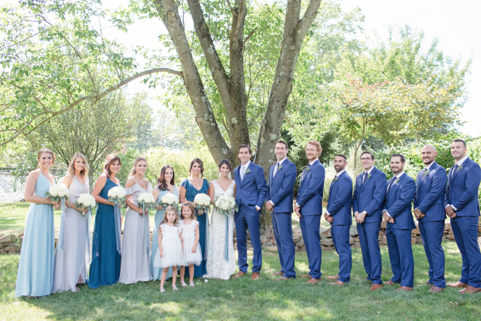 blue and white wedding party attire