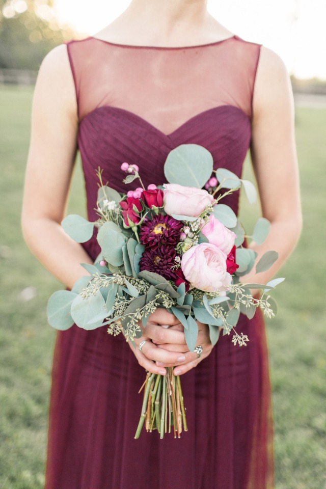 silver dollar eucalyptus pink red and burgundy bridesmaid bouquet
