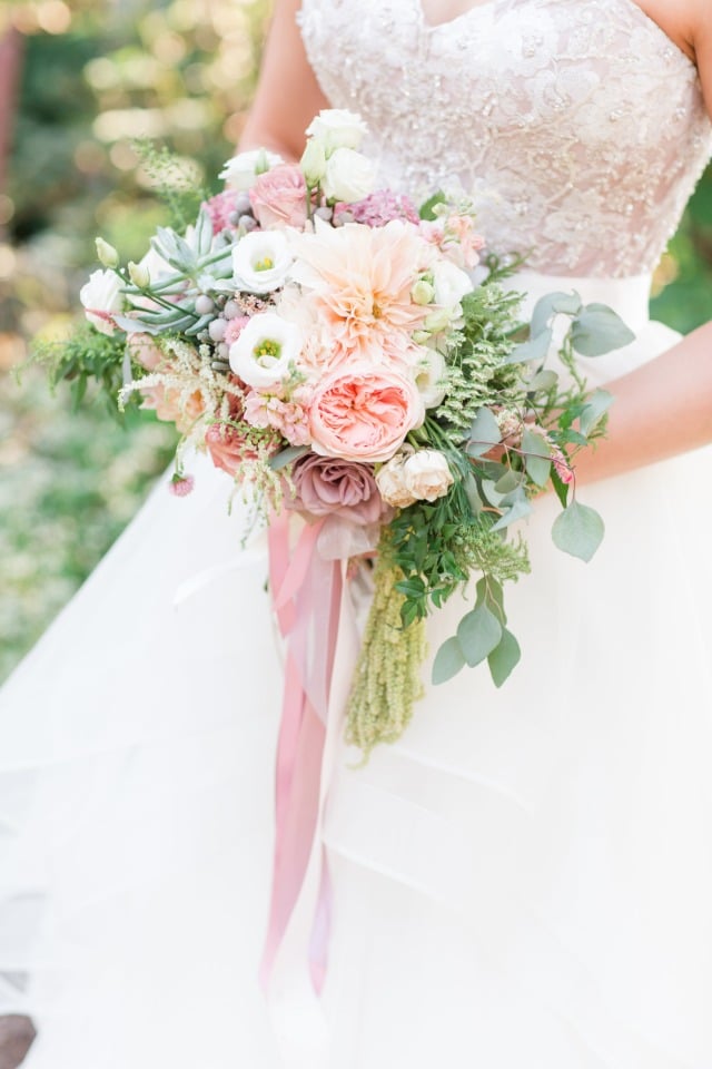 fresh peach and pink wedding bouquet