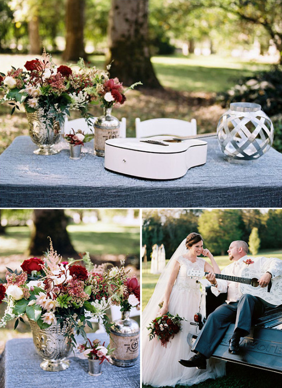 Sweet country wedding flowers guitar and happy couple