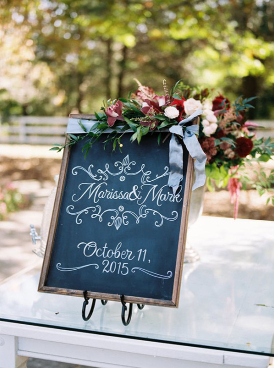 Elegant chalkboard wedding welcome sign with flowers