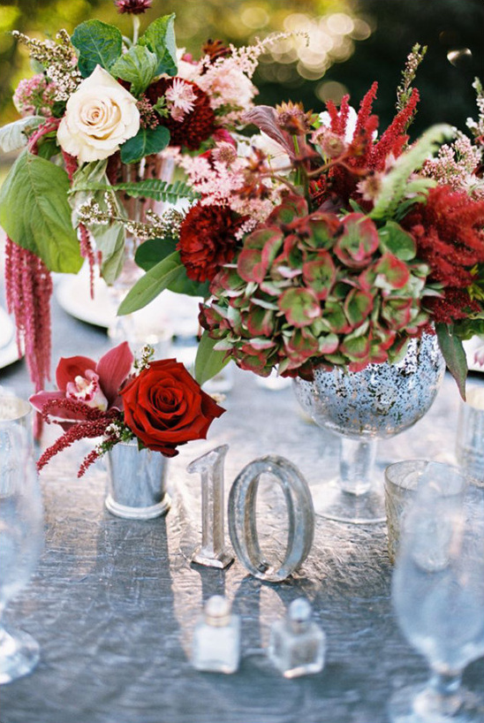 Autumnal flower centerpiece and table number 10 decor
