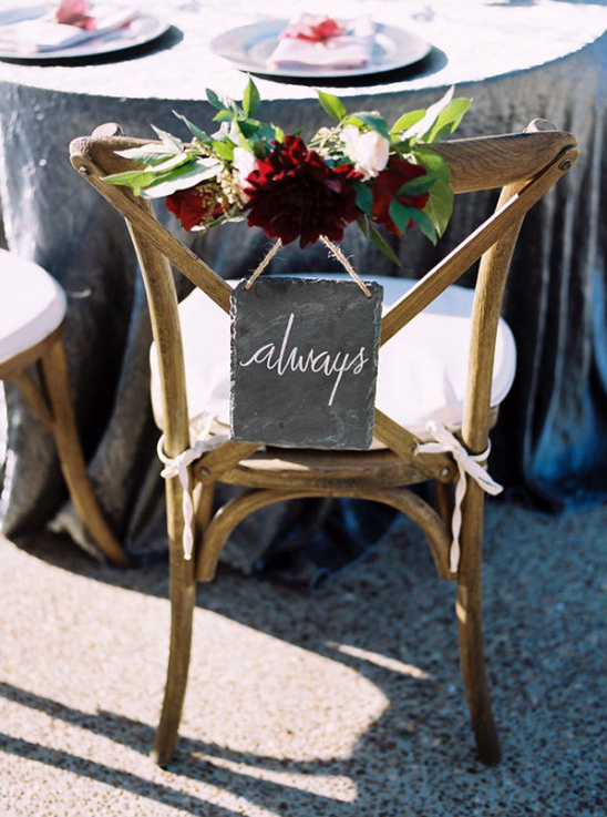 Elegant wedding chair decor with always sign and flowers