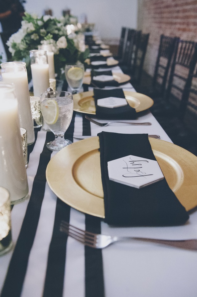 Black white and gold table setting