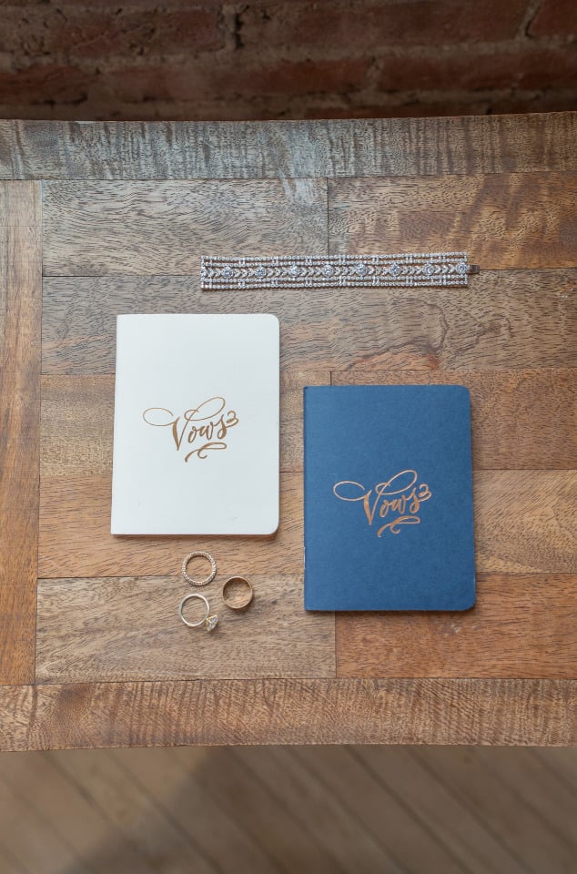 blue and white letterpress vow books
