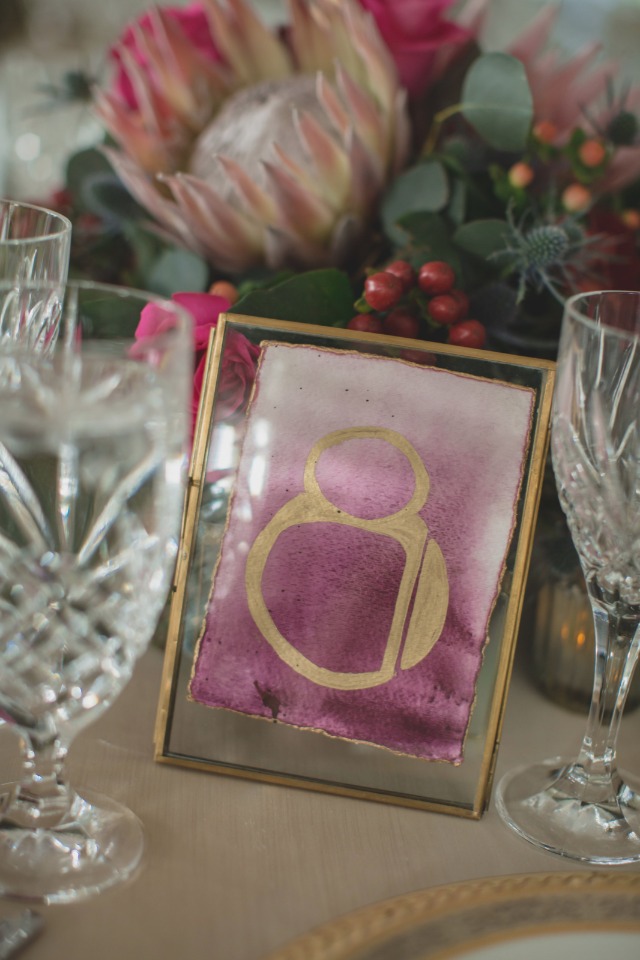 watercolor and gold table number