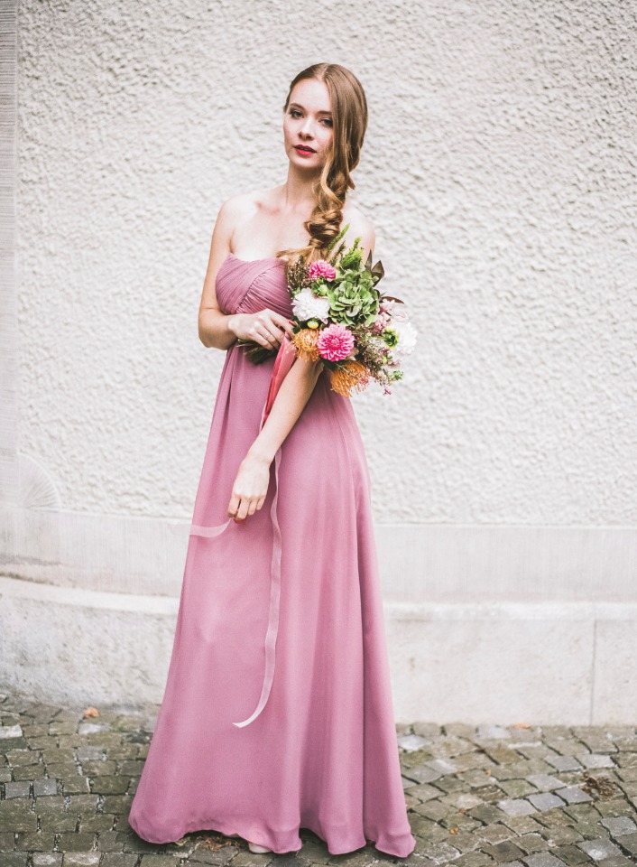long pink and strapless bridesmaid dress