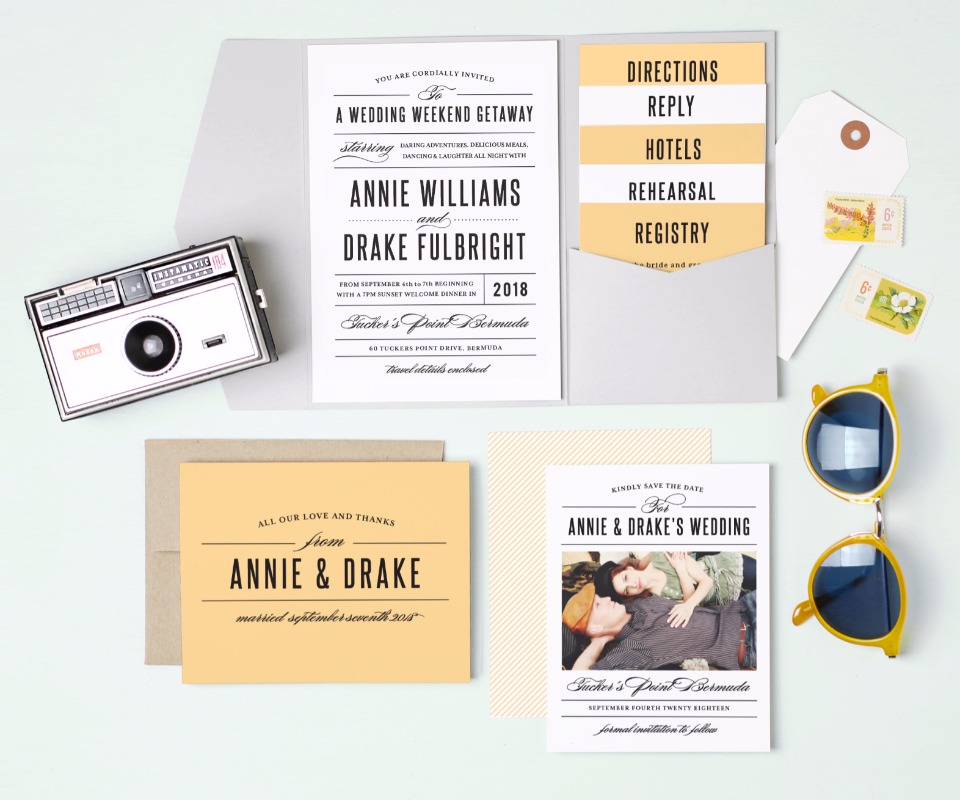Yellow grey and white wedding invitation suite