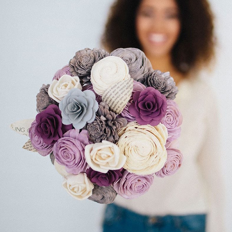 Beautiful purple and gray sola wood flower bouquet