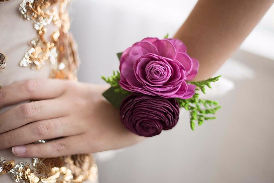 Purple rose wrist corsage for wedding