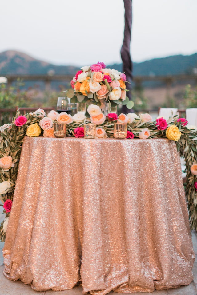 sparkly rose gold wedding sweetheart table
