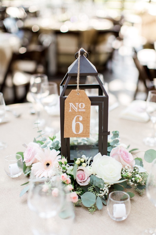 pink and white rustic chic centerpiece and table number