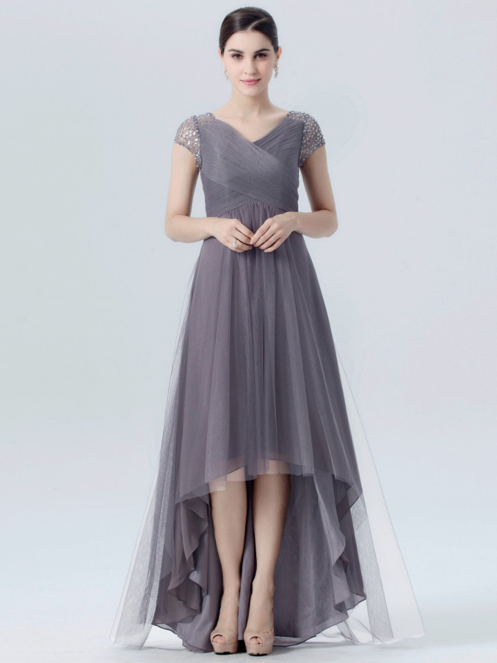 charcoal grey high-low chiffon bridesmaid dress with beaded sleeves