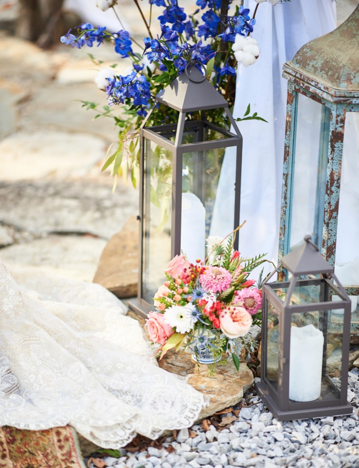 flowers and vintage candle lanterns