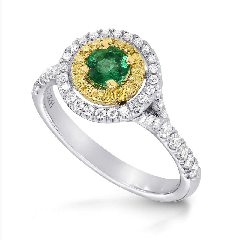 emerald, yellow diamond and white diamond ring from Leibish & Co