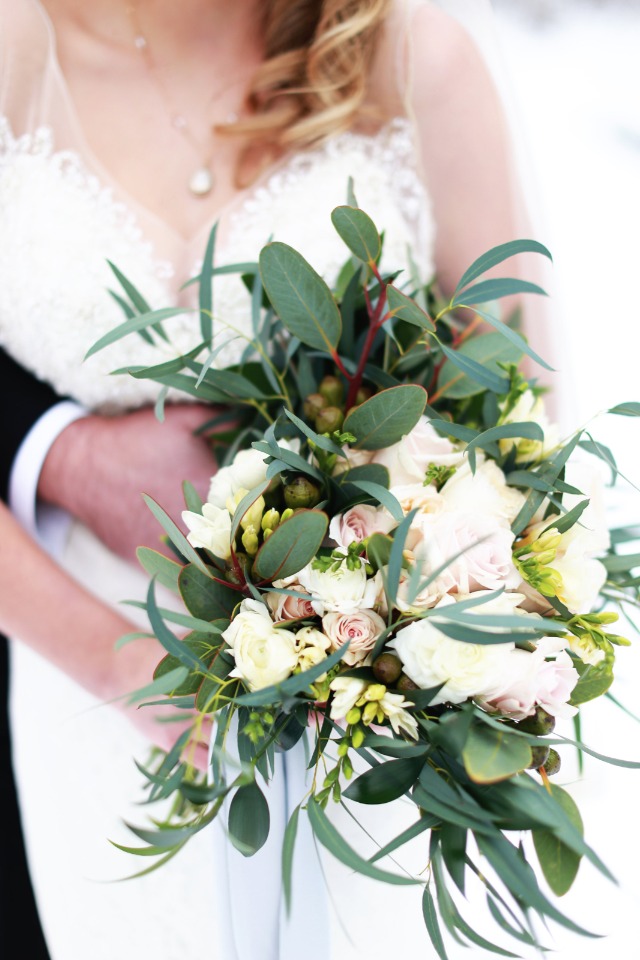white and green and blush bouquet
