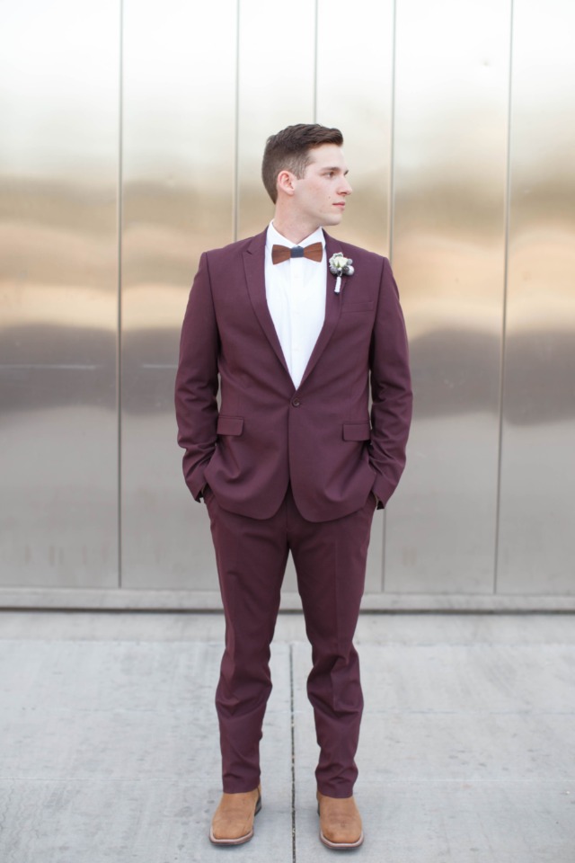Maroon suit for the groom