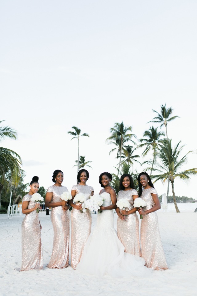 bride and bridesmaids in rose gold sequin dresses