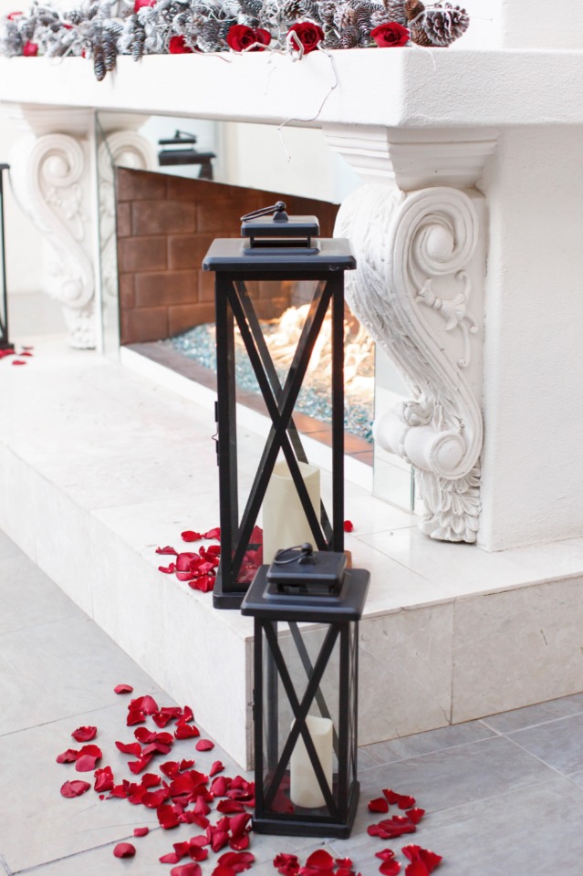Lantern decor with rose petals