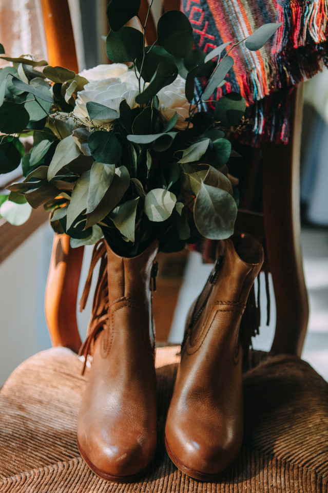 wedding boots and bouquet