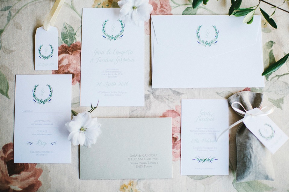 sweet and simple monogramed wreath wedding stationery