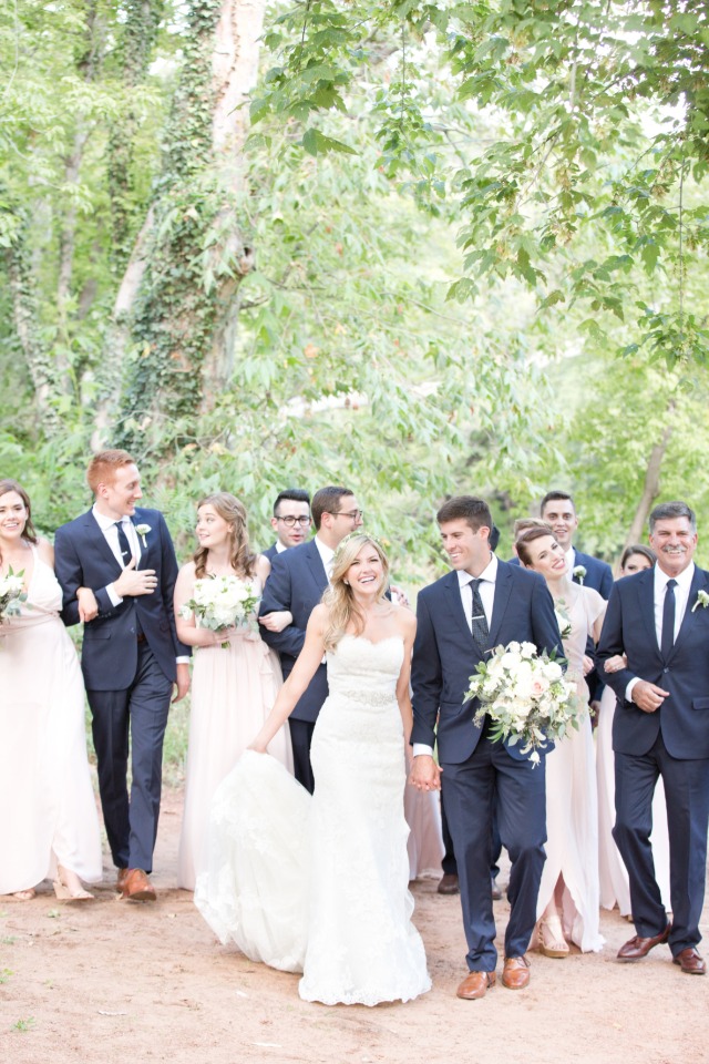 wedding party in navy and blush