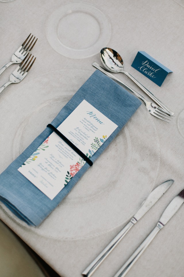 blue and floral place setting