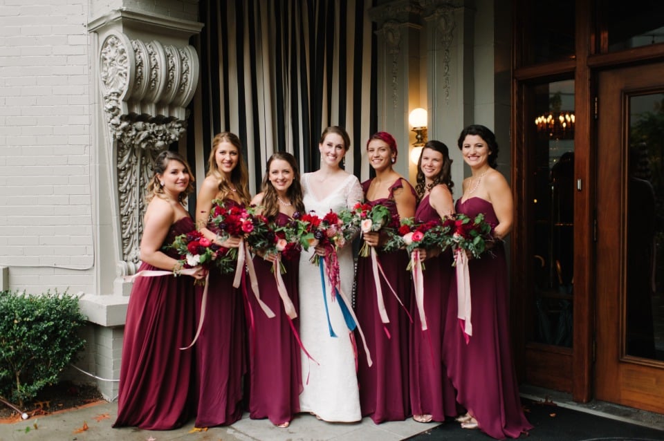 maroon floor length bridesmaid dresses