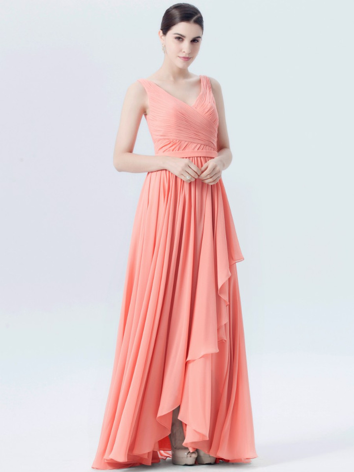 dark peach chiffon high-low bridesmaid dress