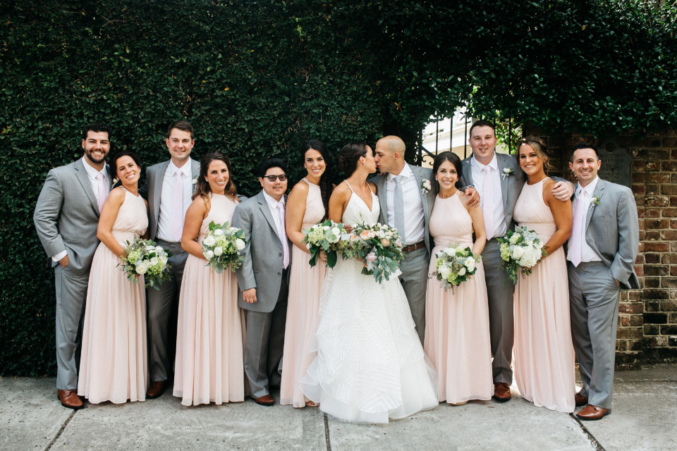 pink and grey wedding party outfits