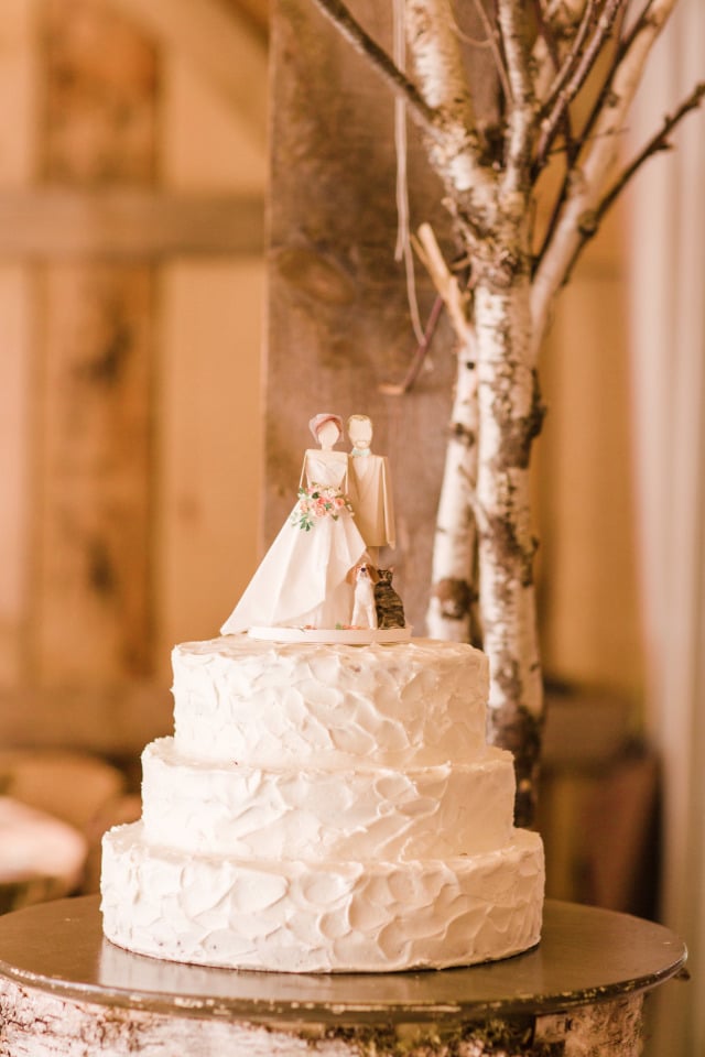 white rustic wedding cake with cute topper